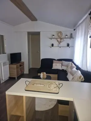 Télévision ou salle de divertissement dans l'établissement Mobilhome chaleureux